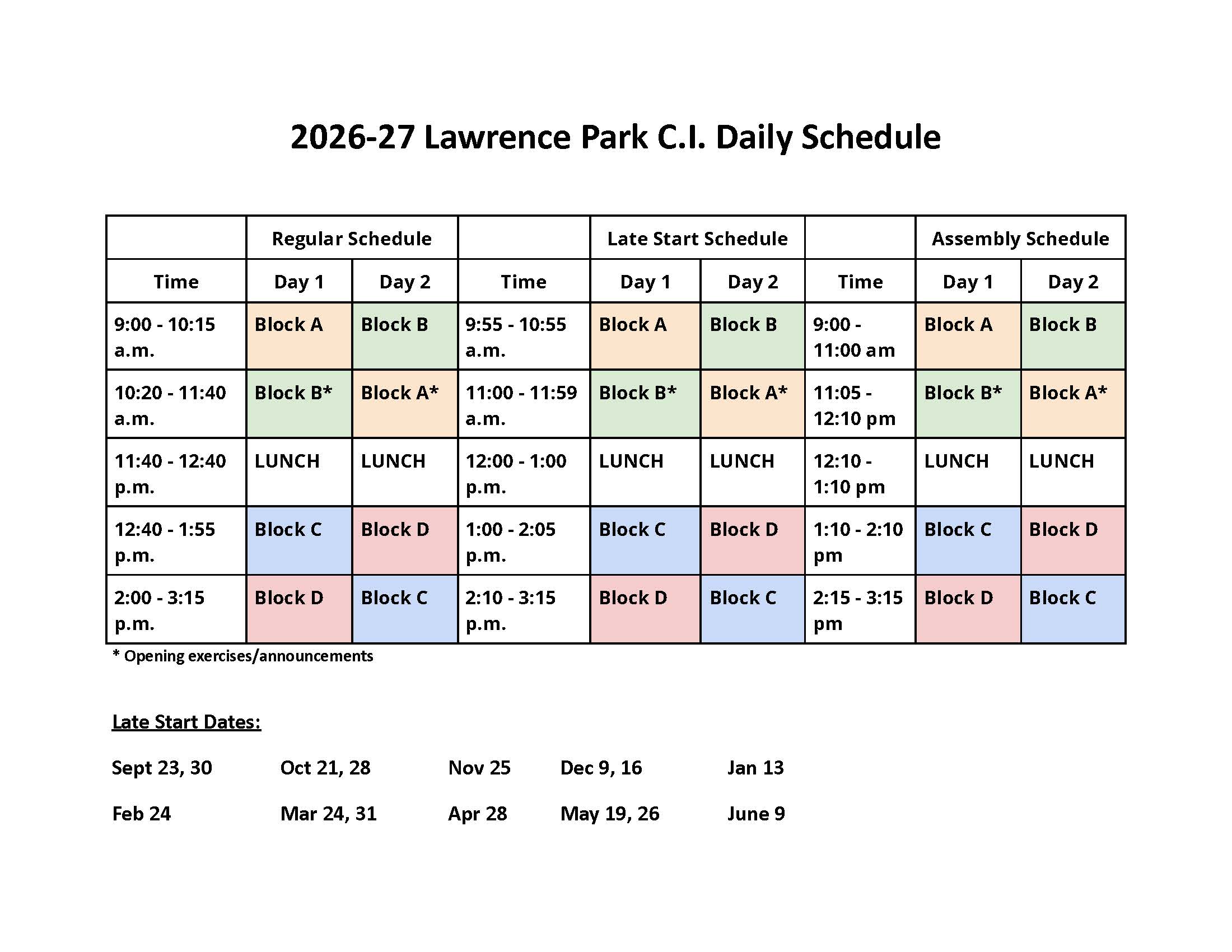 2026-27 Daily Schedule and Late Start dates